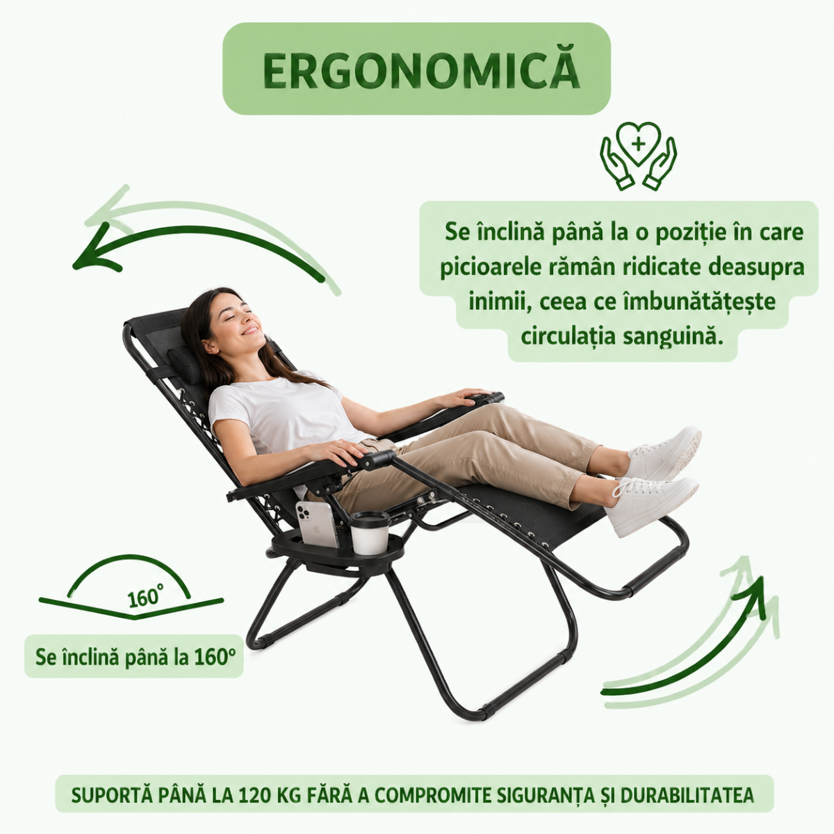 Scaun Relaxare Pliabil Zero Gravity cu Suport Pahar și Tavă Negru
