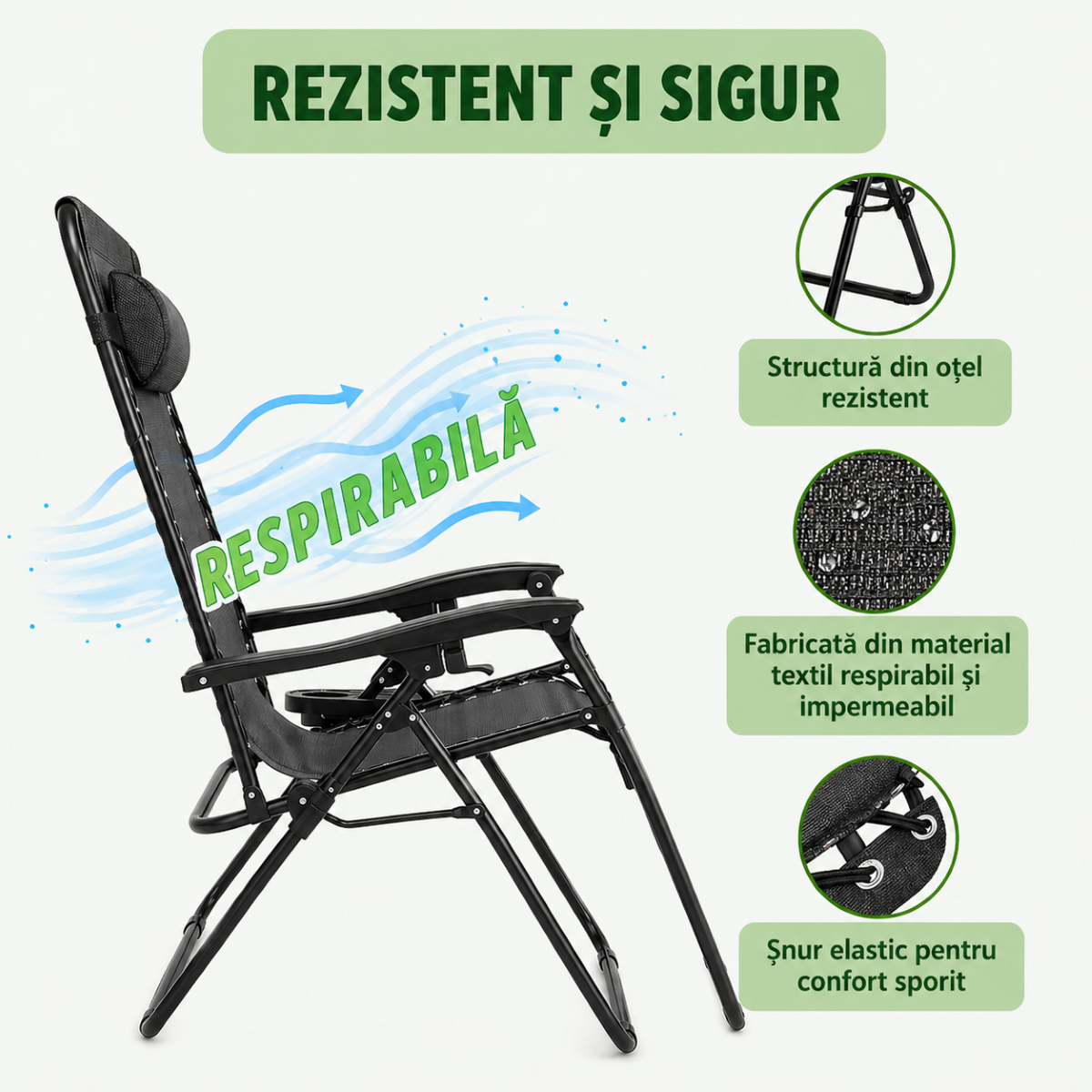 Scaun Relaxare Pliabil Zero Gravity cu Suport Pahar și Tavă Negru